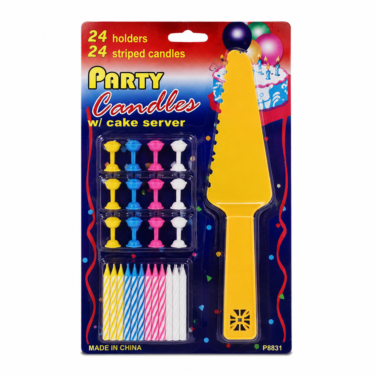 Party Candles with Cake Servers – 24 Striped Candles and Holders per Set
