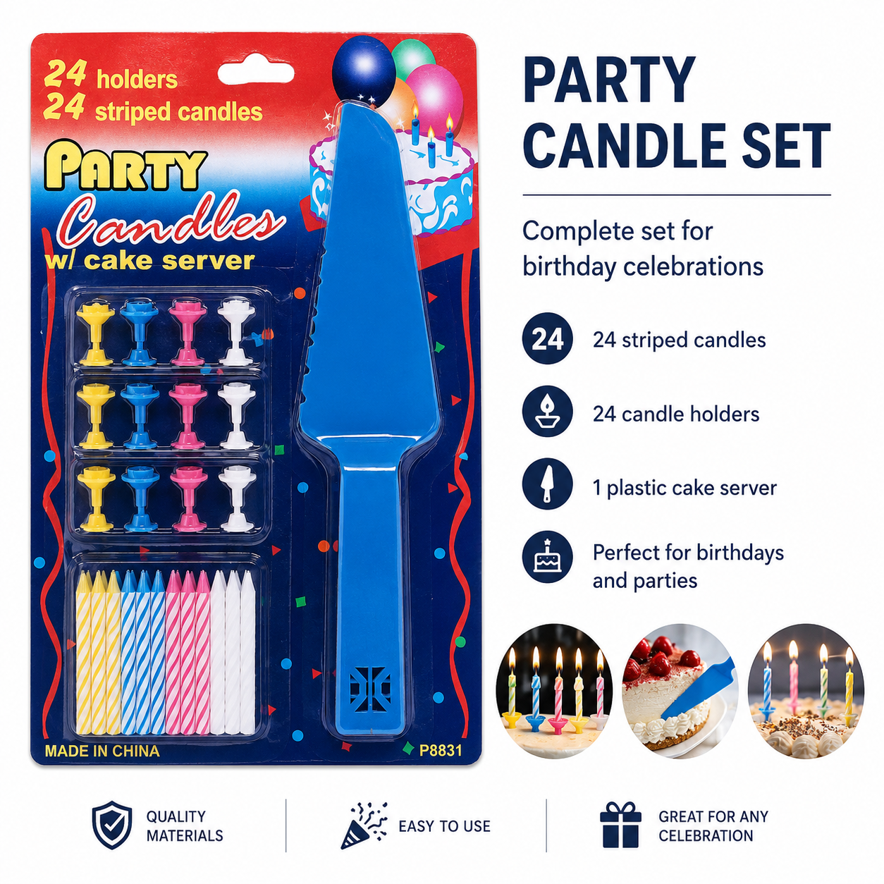 Party Candles with Cake Servers – 24 Striped Candles and Holders per Set