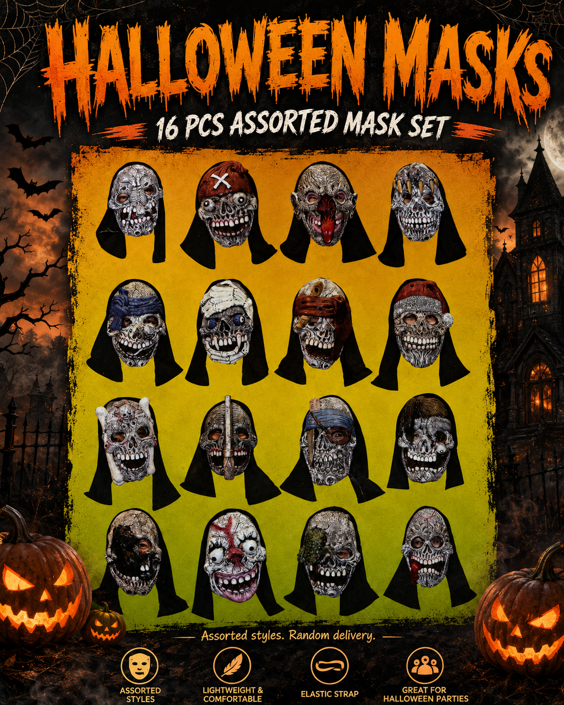 Assorted Halloween Scary Face Masks – 16 Unique Designs for Party & Costume Selection