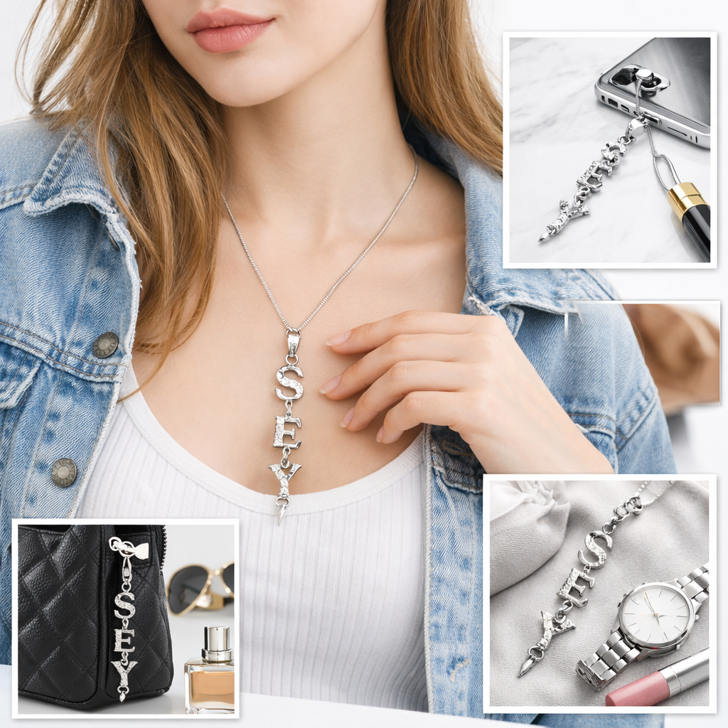 Silver Crystal “SEXY” Pendant Charm – Rhinestone Necklace & Phone Strap Accessory