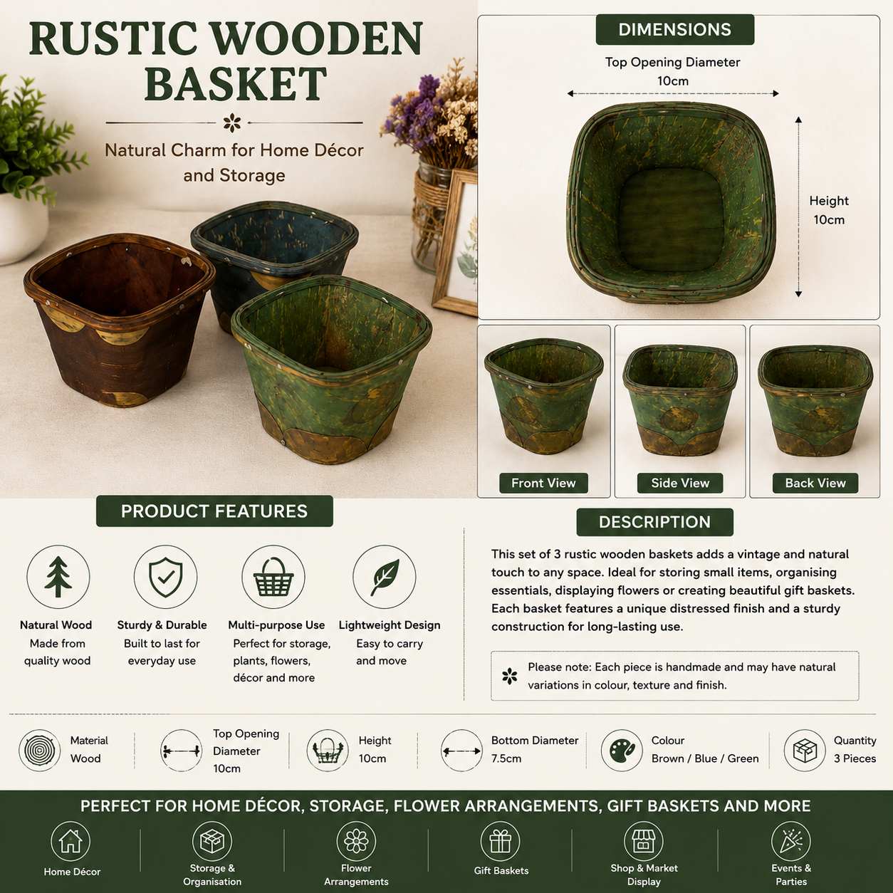 Rustic Wooden Basket Set – 10cm Decorative Storage and Display Containers