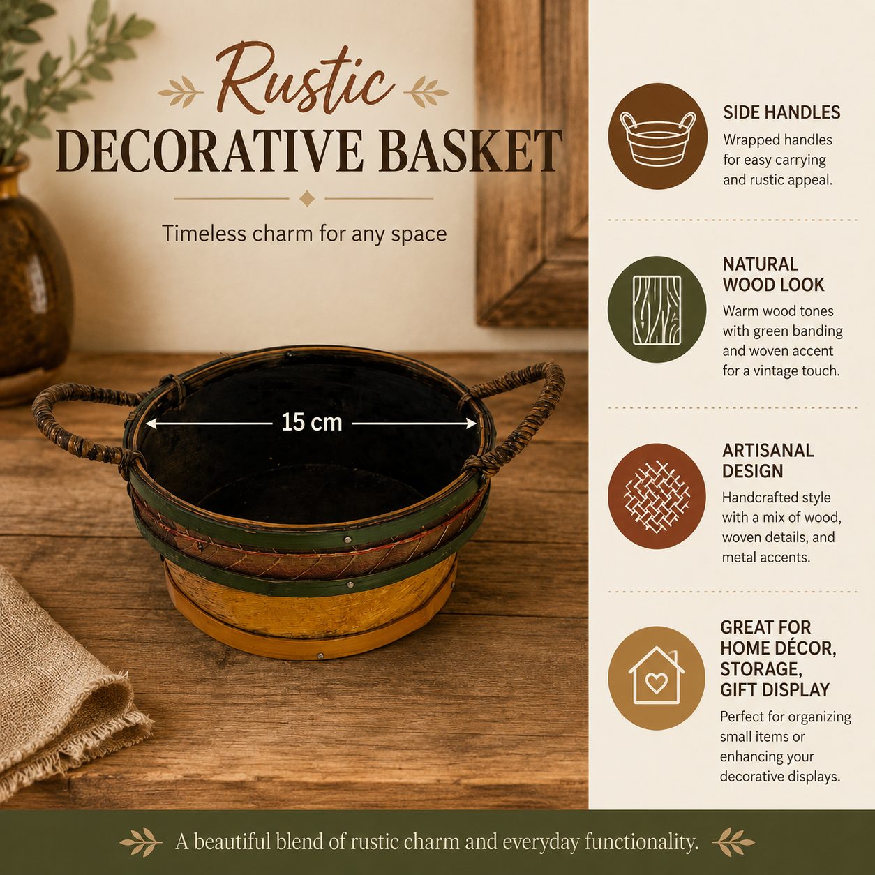 Rustic Decorative Wooden Basket with Side Handles – 15cm Round Storage and Display Container